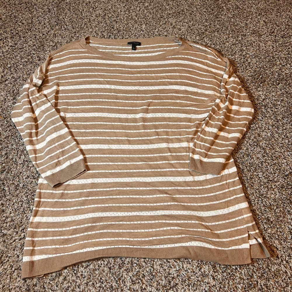 Talbots Women's Beige Striped Knit Tunic Top Lightweight Pullover Large‎